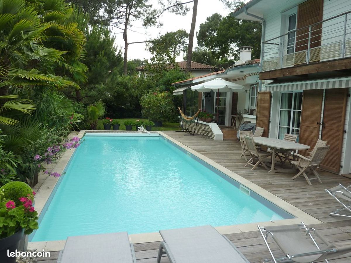 La piscine chauffée entourée de palmiers, avec la terrasse en bois